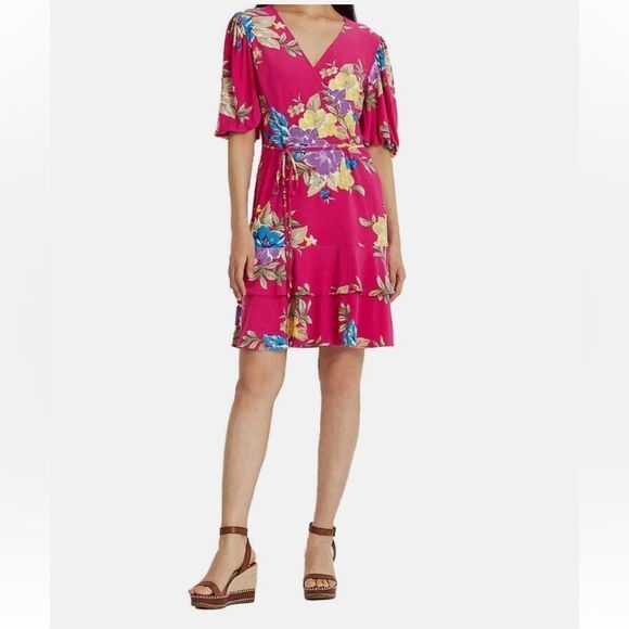 Lauren Ralph Lauren Pink Floral Faux Wrap Valayna Dress Size 6 - Picture 2 of 5